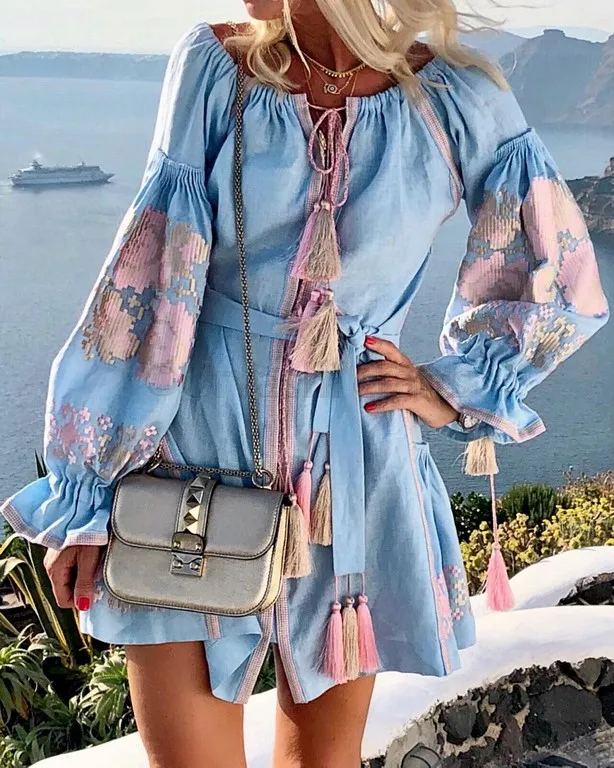 Short Light Blue Linen Dress - Boho Style Summer Fashion Short Light Blue Linen Dress - Boho Style Summer Fashion