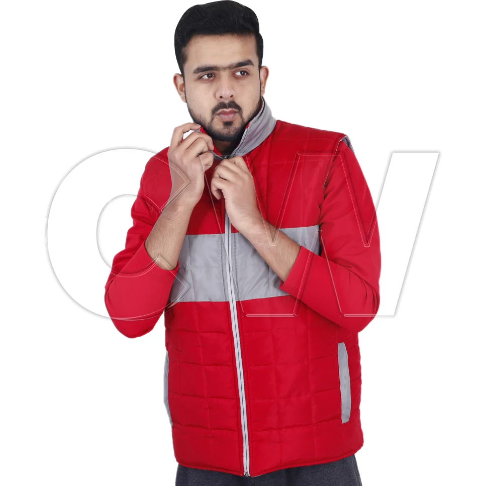 red sleeveless puffer jacket