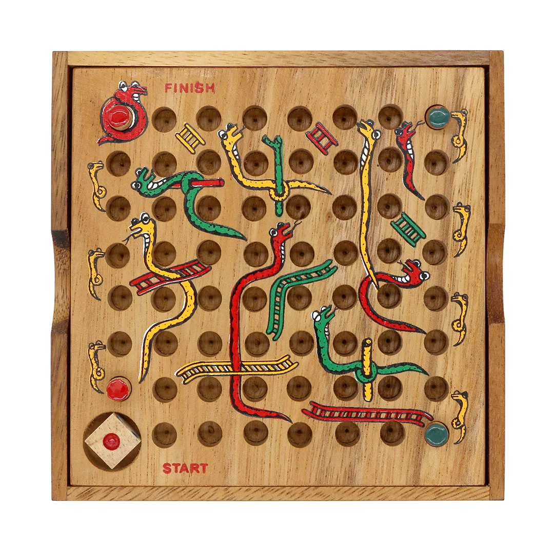 Gamie Wooden Snakes and Ladders Board Game, Conjunto Completo com