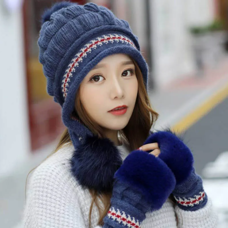 Source Woman Cute Style Winter Hats Cover Ear Ladies Knitted Hat with Fur  Ball Decoration with Gloving Set on m.