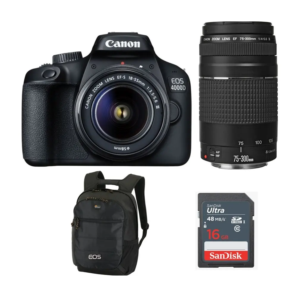 Canon Eos 4000d Dslr Camera Kit Ef S 18 55mm F3 5 5 6 Iii Ef 75 300mm F4 5 6 Iii Backpack Black 16gb Sd Card Buy Canon Eos 4000d Digital Camera 16gb Tamron 75 300mm Lens Canon