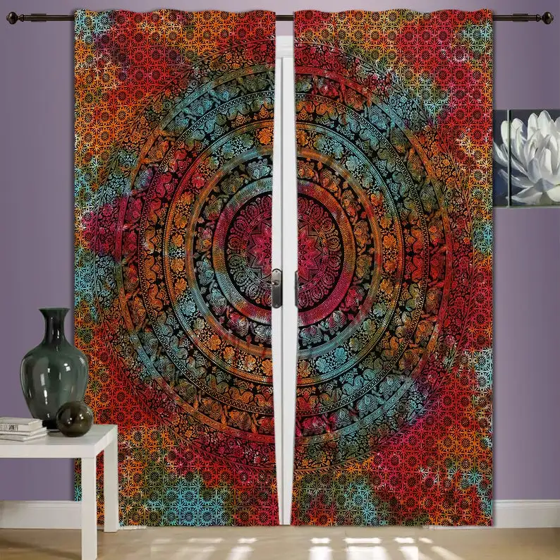 Sparkly Golden Flower Trippy Ombre Mandala Tapestry Curtain Panel Pair