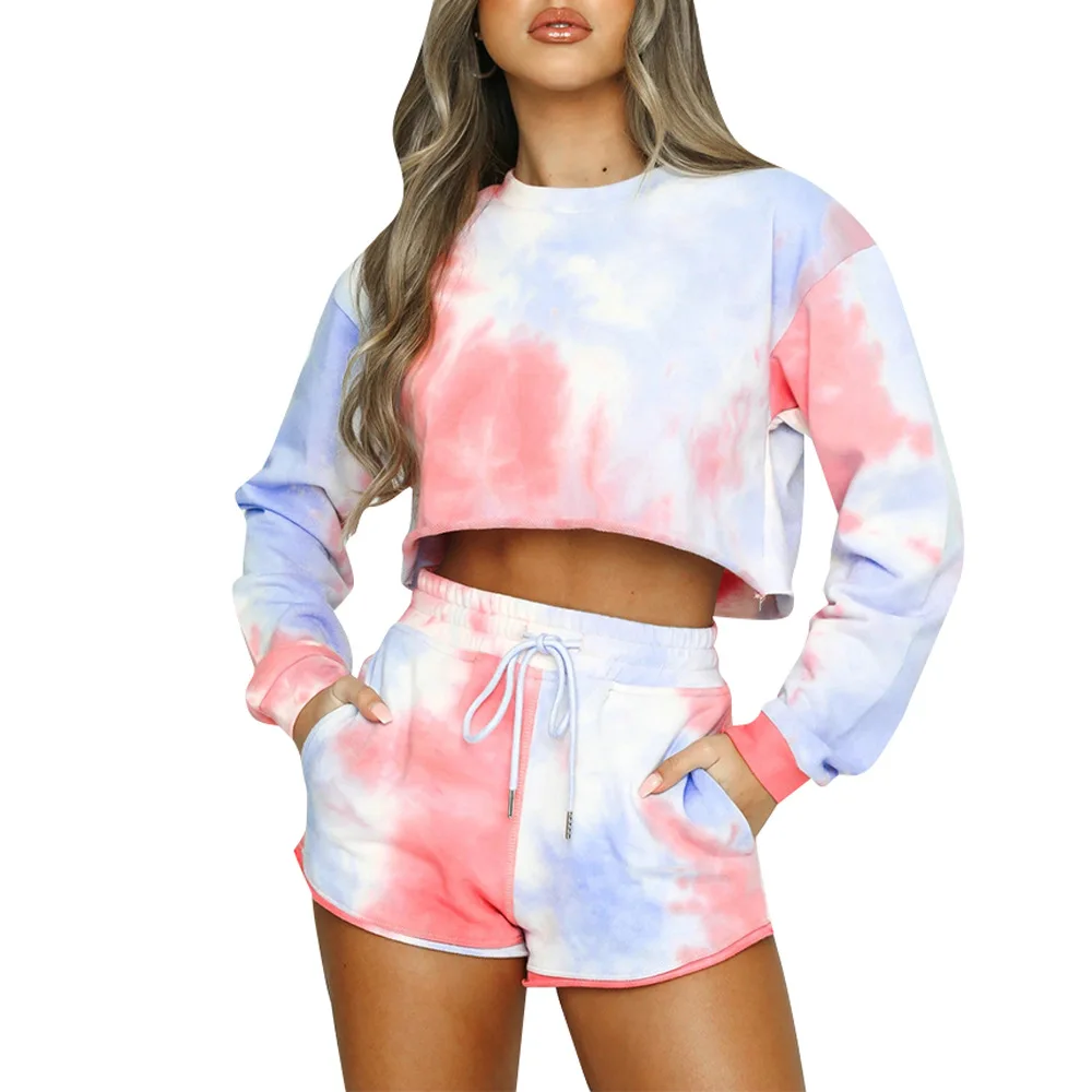 Timeshow Girl's Tie Dye 2pc Casual Breathable Short Sleeve Hoodie Pullover Sweatshirts and Jogging Shorts Set with Pocket 