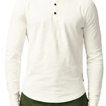 Maglietta Henley Casual A Maniche Lunghe Da Uomo, 3 Bottoni, In Cotone - Foto 2