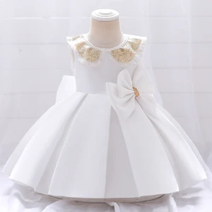MQATZ Toddler Girl Satin Baptism Dress Formal Princess Style Bow for Summer Birthday Parties Kids Party Wear L2051XZ