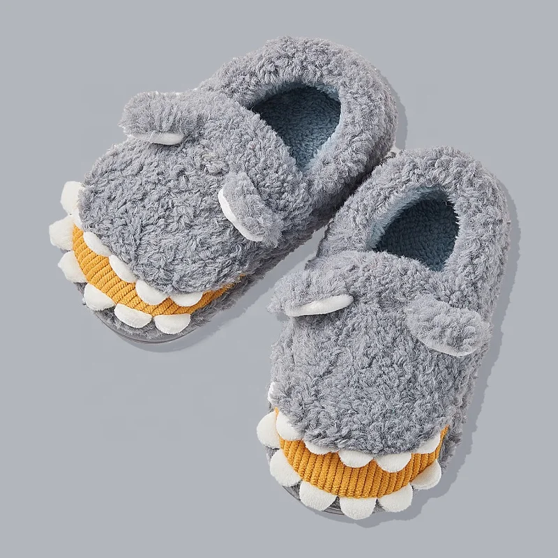 Домашние тапочки с мультипликационным динозавром, Детские Зимние теплые плюшевые хлопковые тапочки