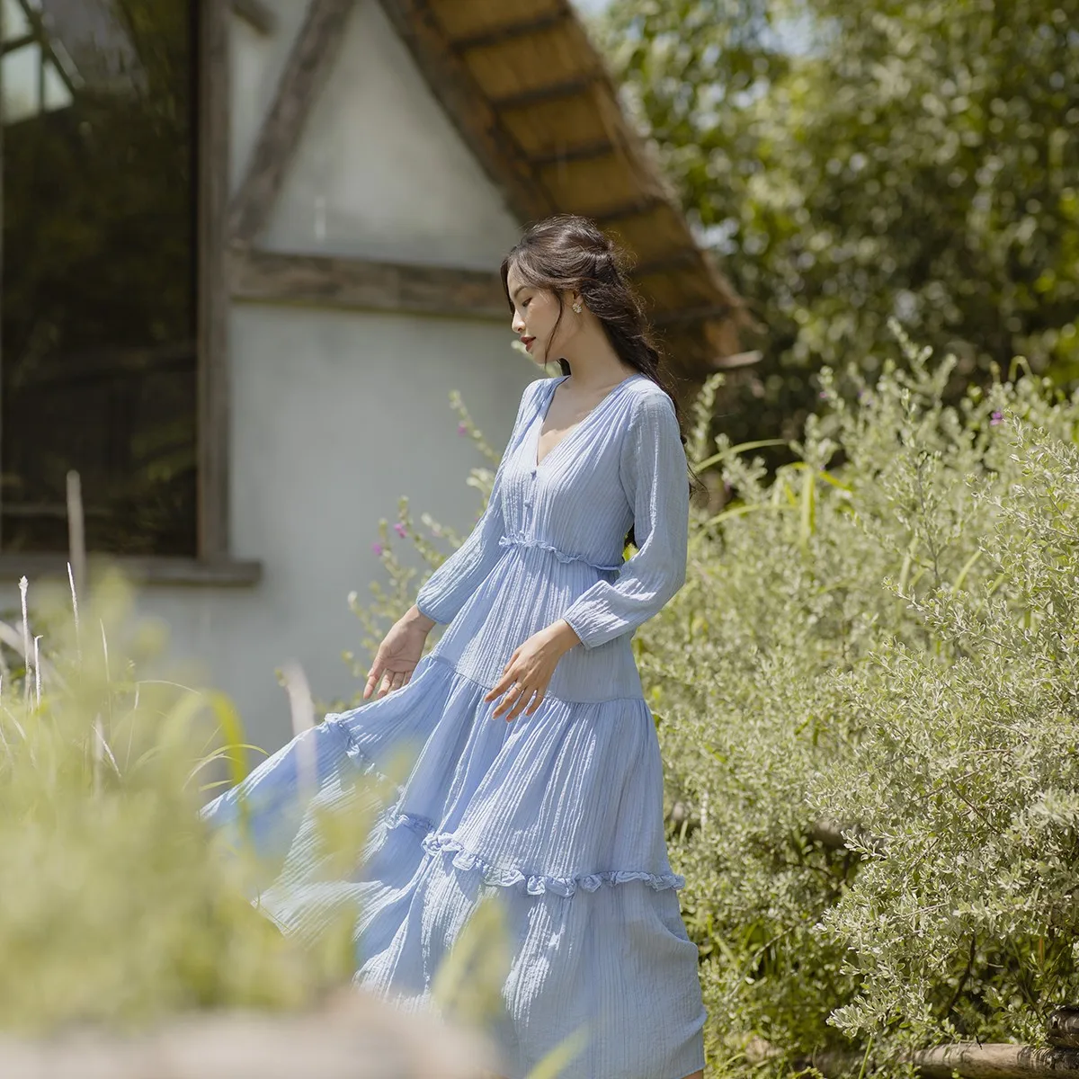 mock neck dresses Baltic Born Womens Marie Mock Neck Maxi Dress | Sky Blue Floral