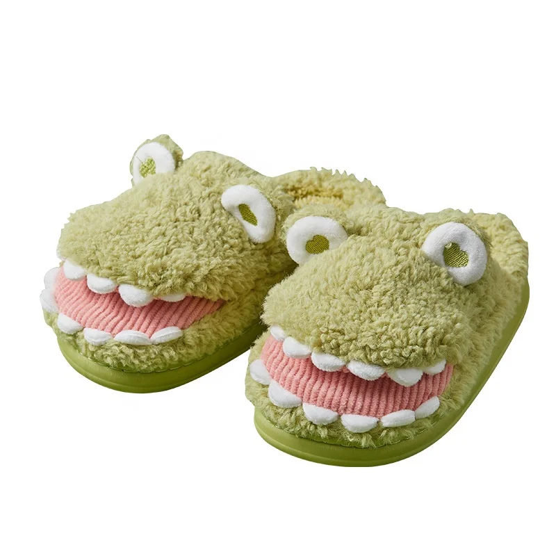 Домашние тапочки с мультипликационным динозавром, Детские Зимние теплые плюшевые хлопковые тапочки