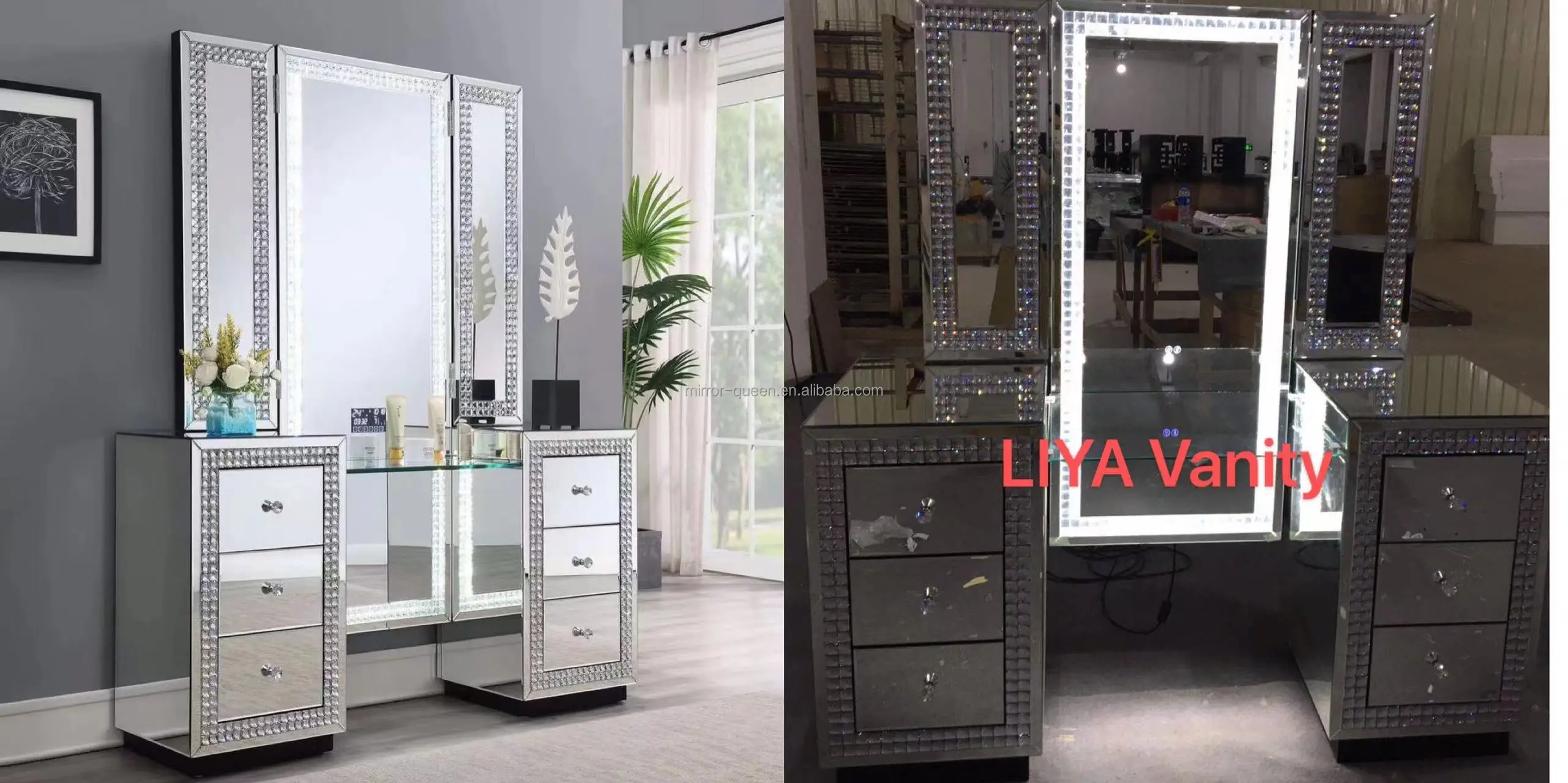 Modern Mirrored Glass Lighted Trifold Led Mirror Makeup Vanity Crushed