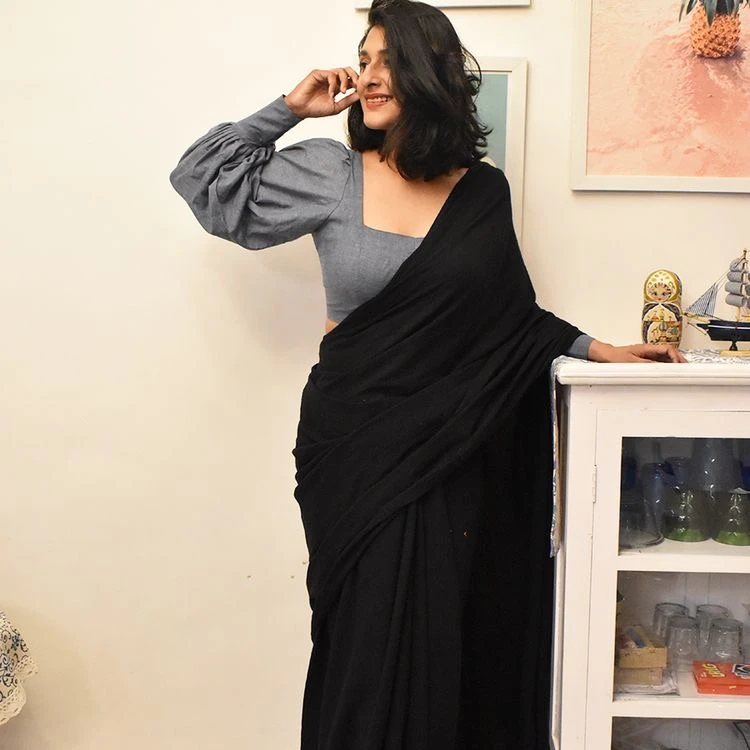 Black saree with long sleeve blouse Outlet