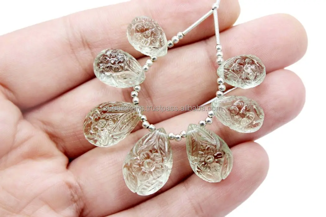 7.Pieces Superb Quality Natural Green Amethyst Smooth Flower Carving Pear Shape Beads 11X14MM To 13X20MM Approx On Wholesaler Price GC-04