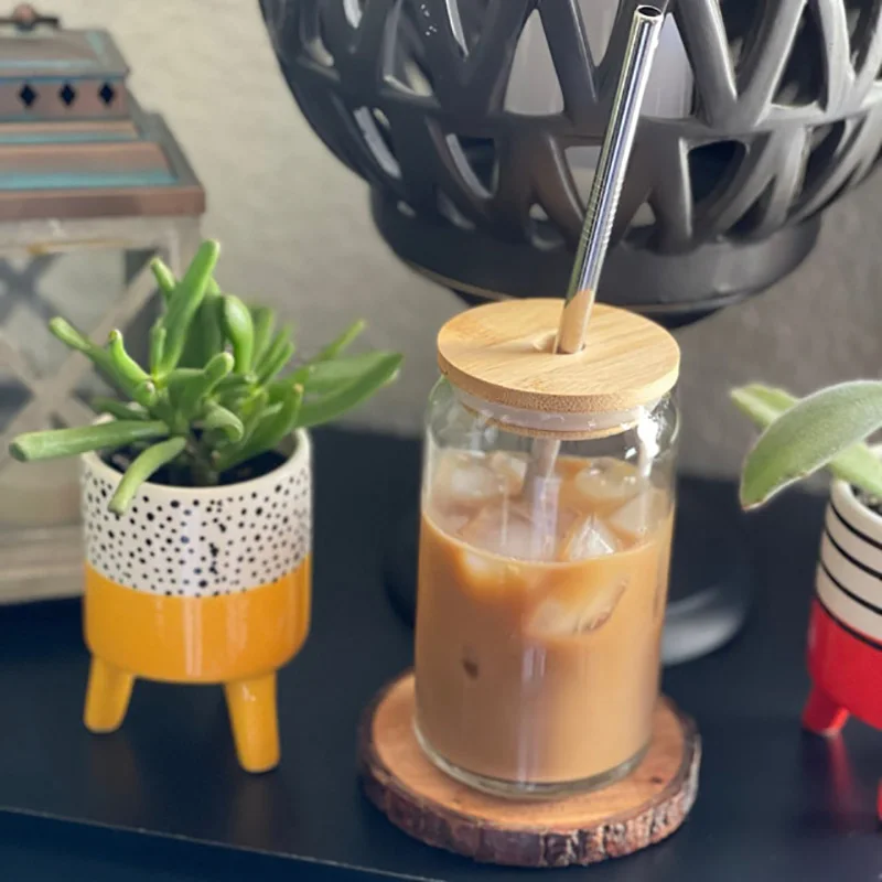 Ice Coffee Cup with Bamboo Lids and Glass Straw,16Oz Printed Beer
