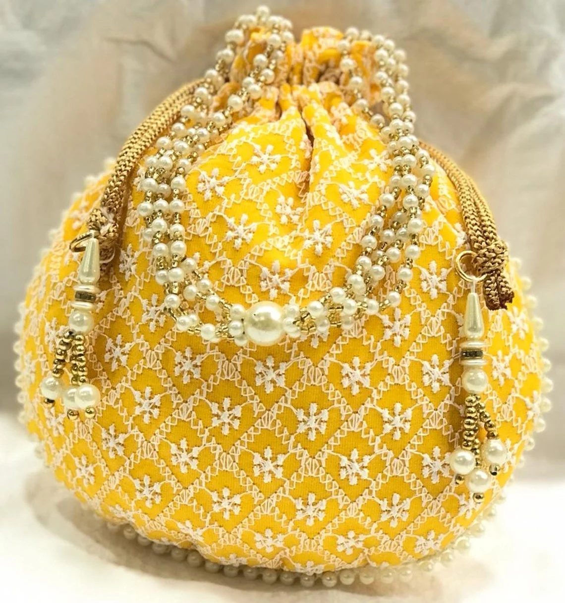 Potli Bag with wide golden lace Wedding Return Gift Buy Now