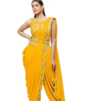 Embroidery And Sequence Work New Design Of Partywear Dhoti Patiyala Style Saree With Heavy Work waist Belt And Silk Blouse