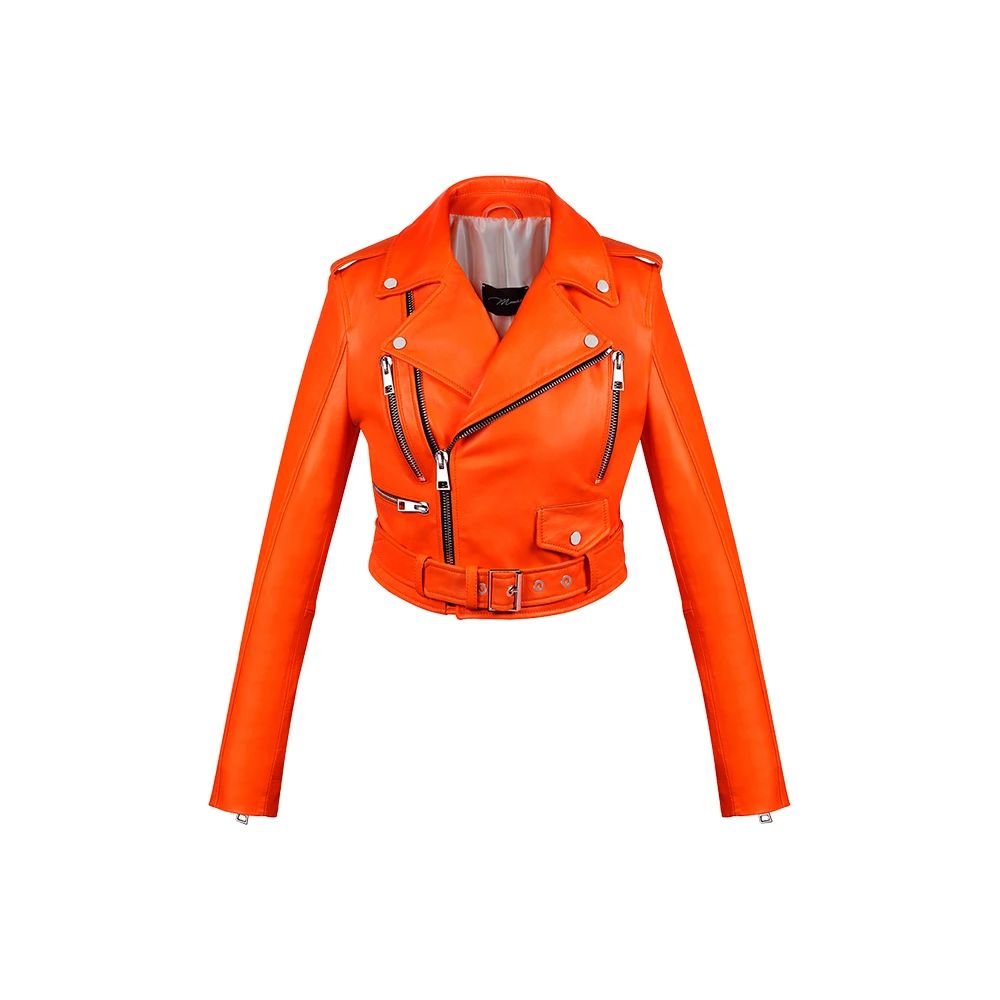 Orange Biker Style Slim Fit Leather Jacket Ladies/2023 Perfecto Biker ...