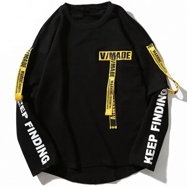 New Streetwear Men 3d Shirt Printing Letter Ribbon Cotton Long Sleeve Punk T-Shirt