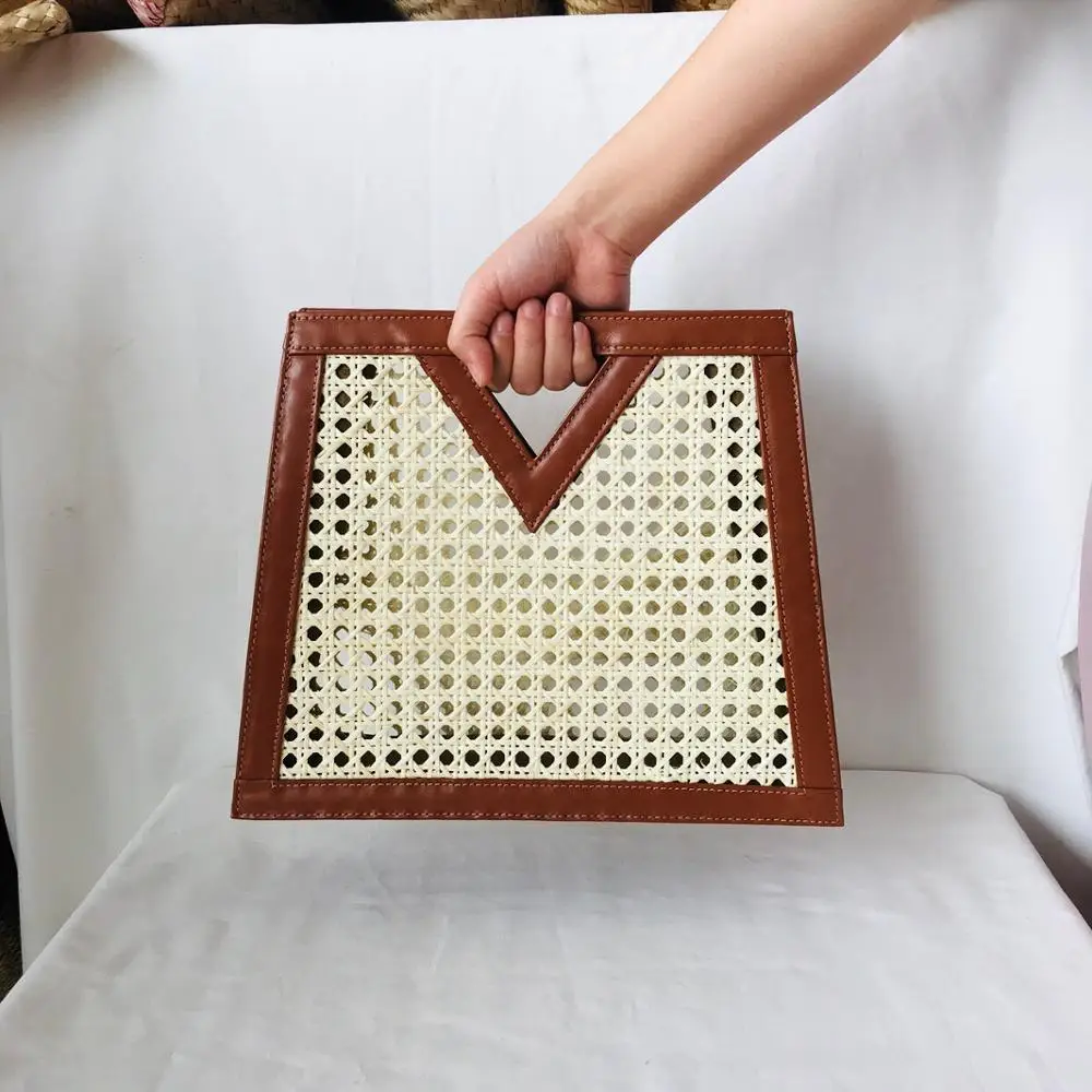 High Quality Trapezoid Leather Rattan Mesh Bag with Handle