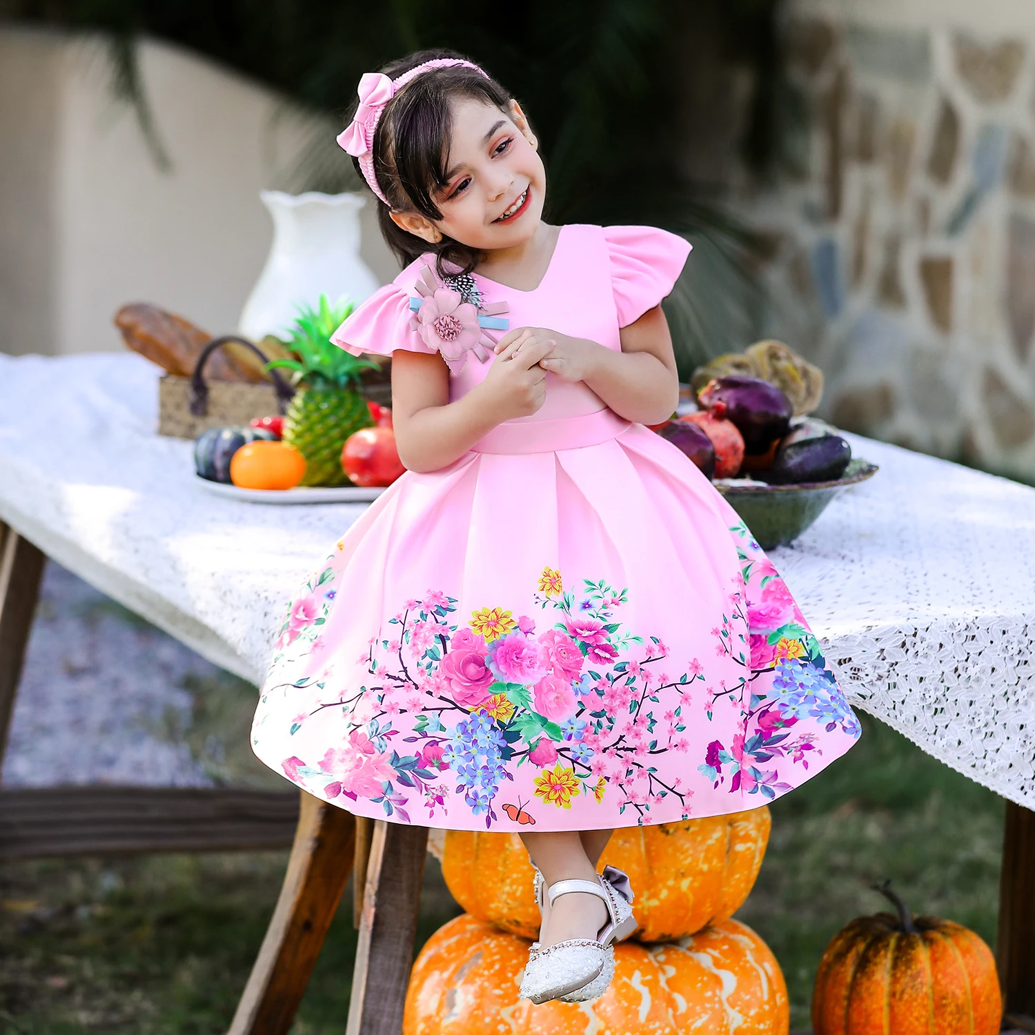 Hot Sale Little Girls Floral Printed Frock Baby Kids Big Bow Boutique