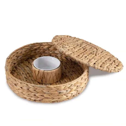 Elegant Water Hyacinth Woven Chip & Dip Serving Platter With Ceramic