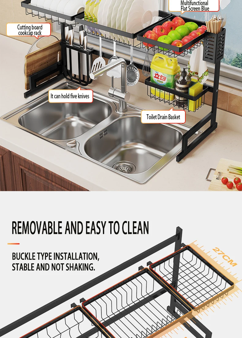 Stainless Steel Black Dish Drying Rack Over Kitchen Sink Dishes And