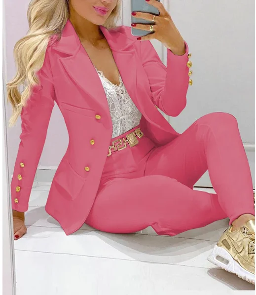 Женский офисный костюм из 2 предметов, блейзер на пуговицах с длинным рукавом и брюки, весна-осень 2021