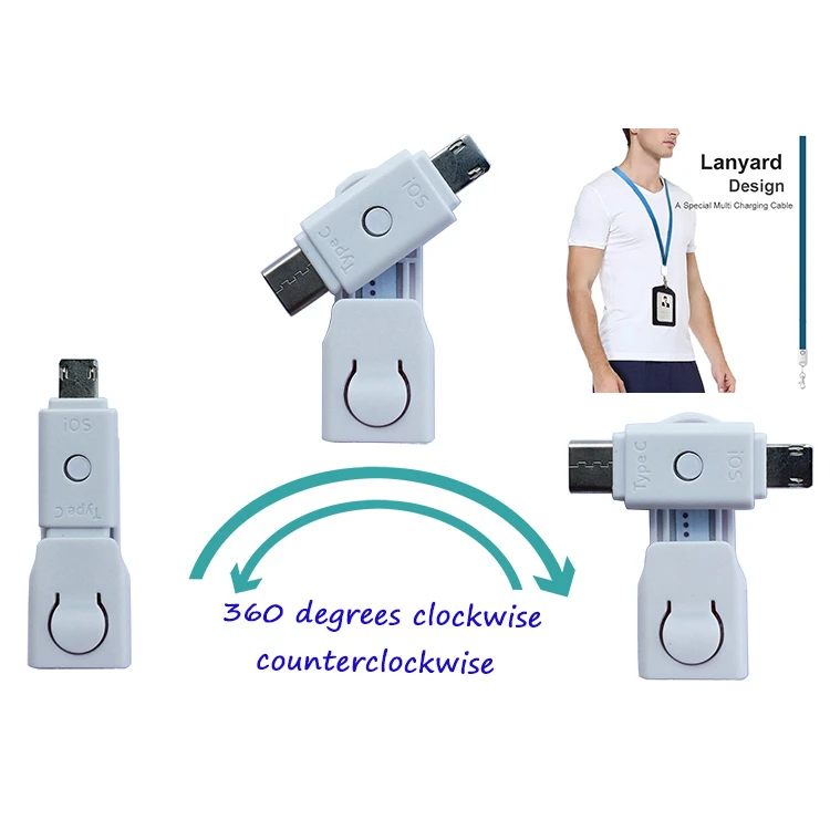 Promotion Gift 3 in 1 Lanyard Charging Cable Dual Input Type C to Type C Micro USB Cable With Sublimation Print