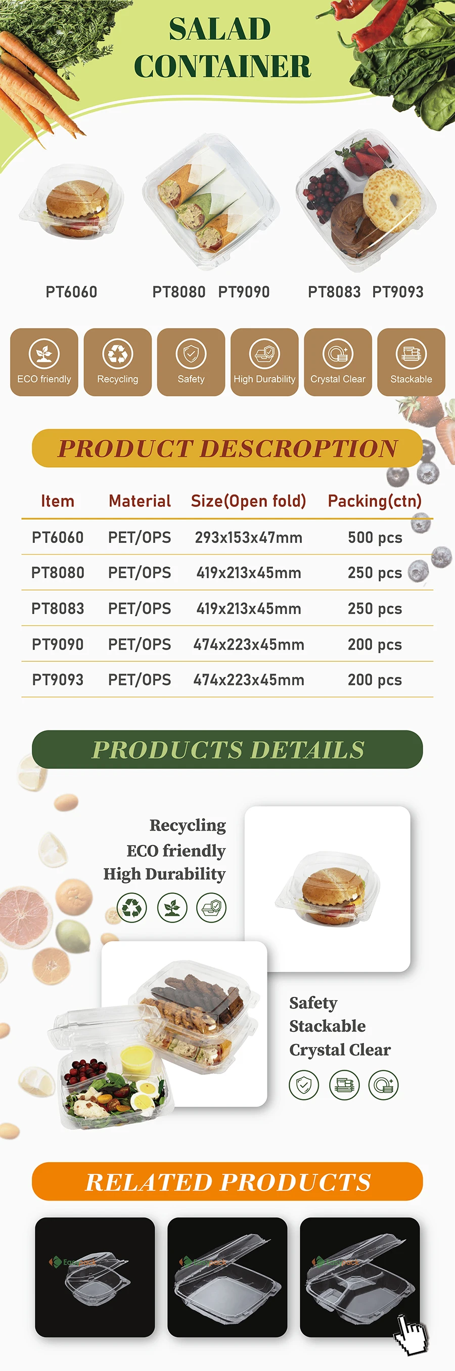 Clamshell Plastic Packaging Salad Disposable Food Container For Market