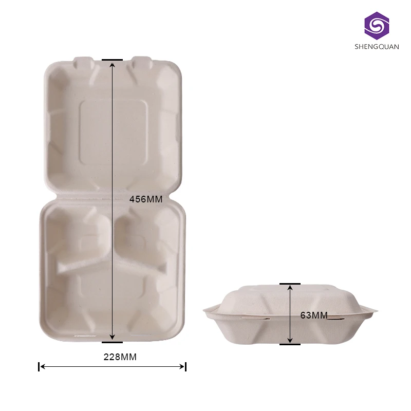 8x8 Inch 3 Compartment Clamshell Disposable Microwave Safe Compostable ...