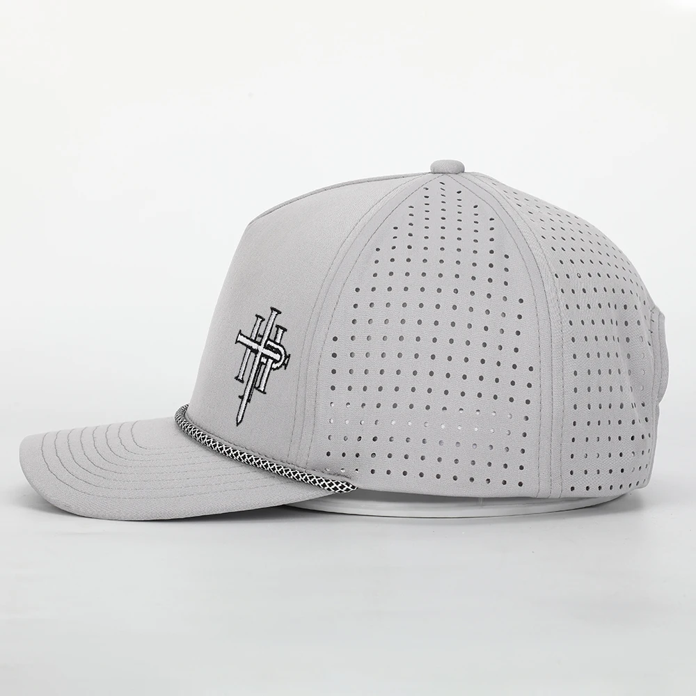 Высококачественная классическая Кепка с отверстиями и лазерной вырезкой на 5 панелей, Мужская водонепроницаемая бейсболка с перфорацией и логотипом с вышивкой, бейсболка с серой веревкой