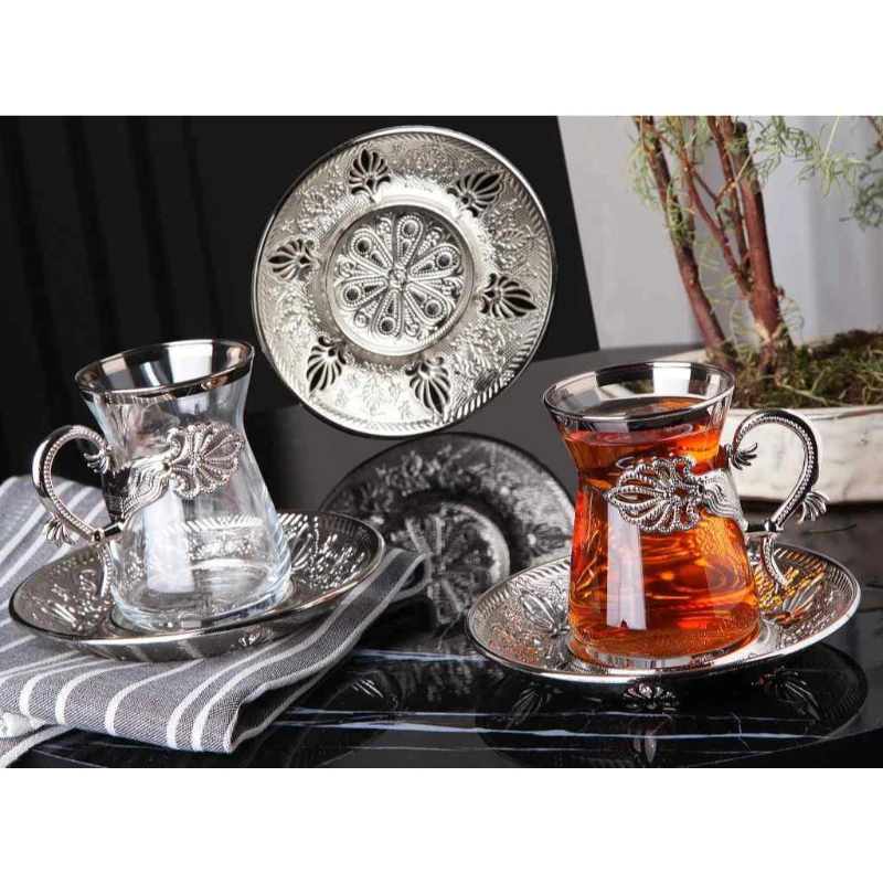 Turkish Silver Gold Tea Coffee Cup Set Bubble Saucer Glass Milk Tea Cups Chai Handmade Metalic