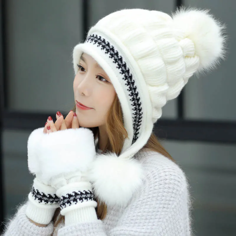 Source Woman Cute Style Winter Hats Cover Ear Ladies Knitted Hat with Fur  Ball Decoration with Gloving Set on m.