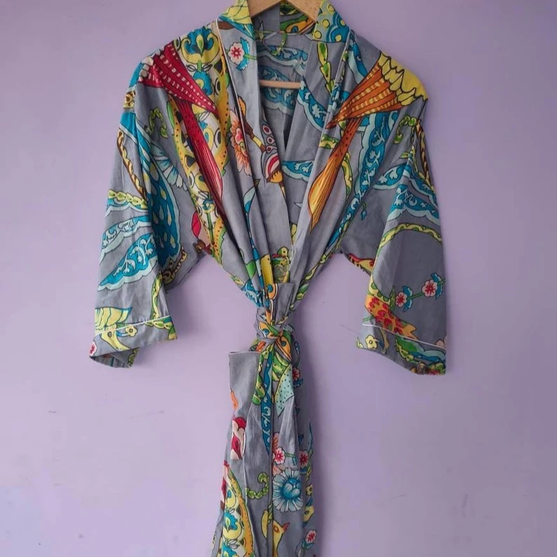 Fashionable Lady Over Sized Printed Cotton Kimono Customized Maxi Dress for Summer and Spring in Closure Wide Kimono Sleeves set