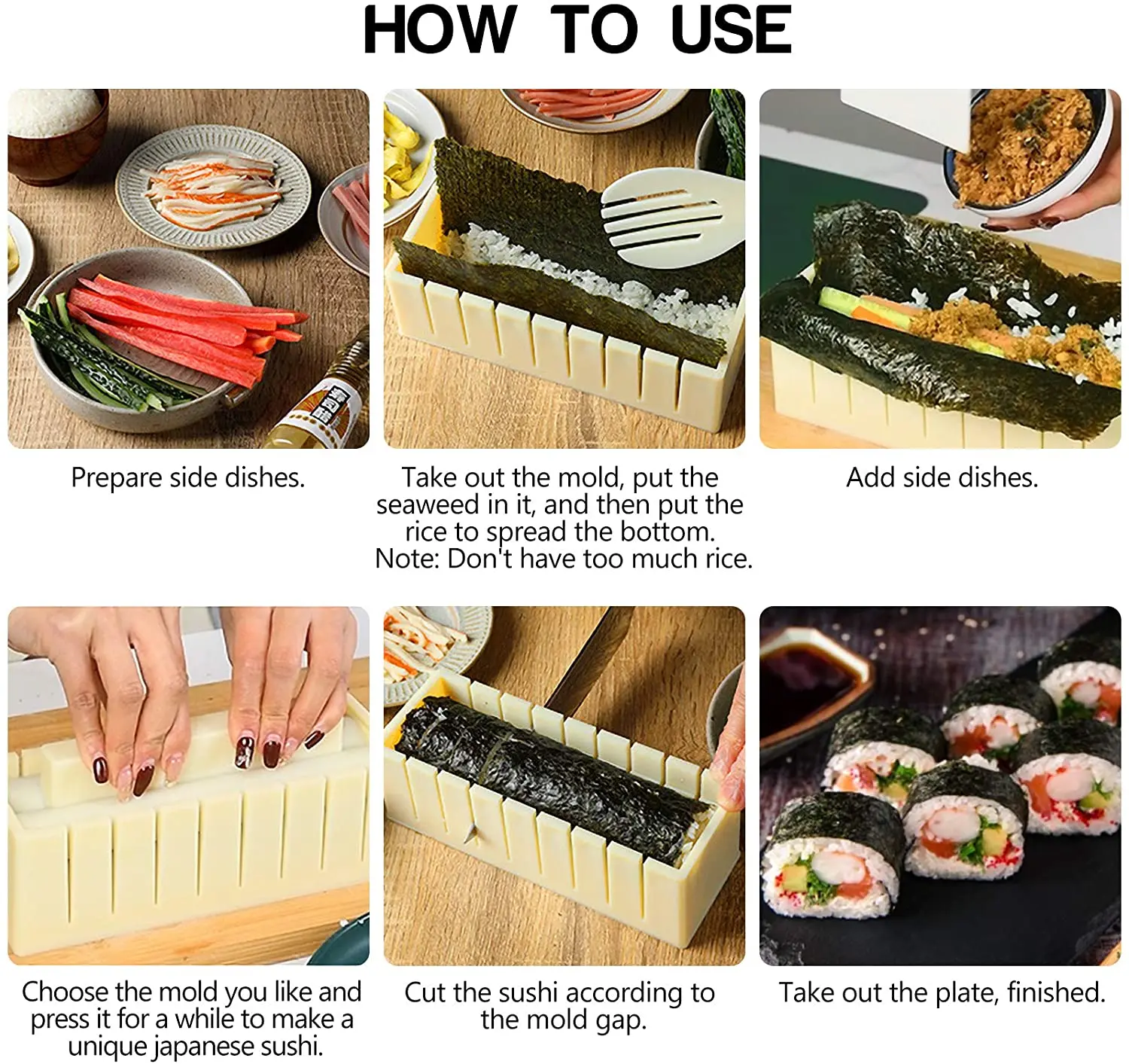 GLN KITCHEN: Sushi Making Kit Deluxe Edition japanes Set 11 Piece Plastic  Maker Tool 8 Rice Roll Mold Shapes Fork Spatula knife (easy, fun, quick)  for