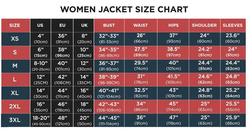 women's jacket size chart