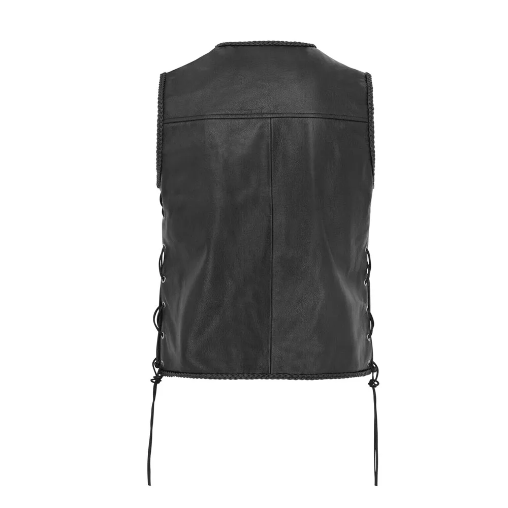 Gilet In Pelle Nera Per Motociclista Uomo - Stile Classico Biker, Con Lacci Laterali, Taglie Dalla S Alla 5XL, Made In UK