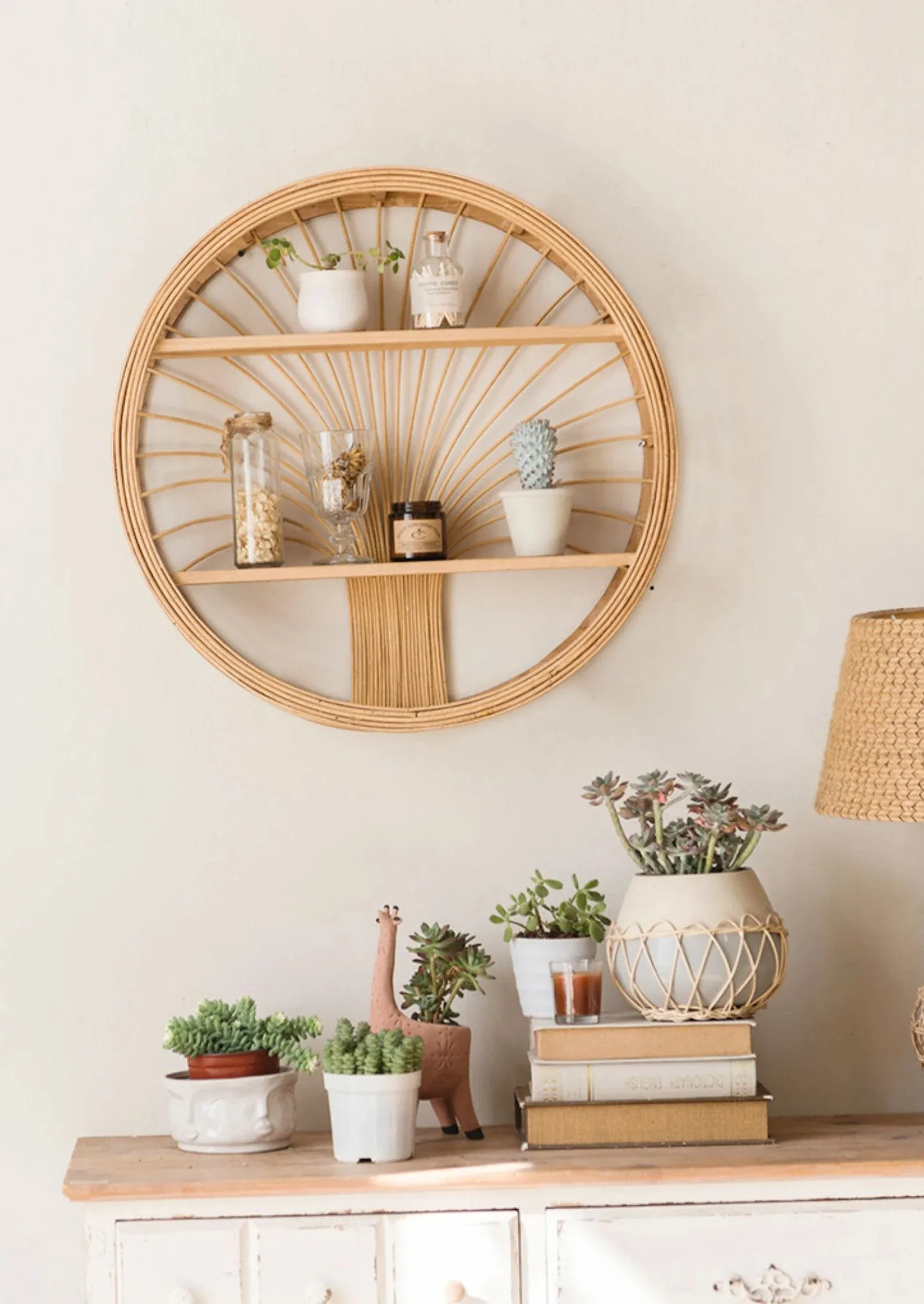 High Quality Rattan Round Wall Shelf Wall Mounted Shelf Storage Organizer Two Layer Storage