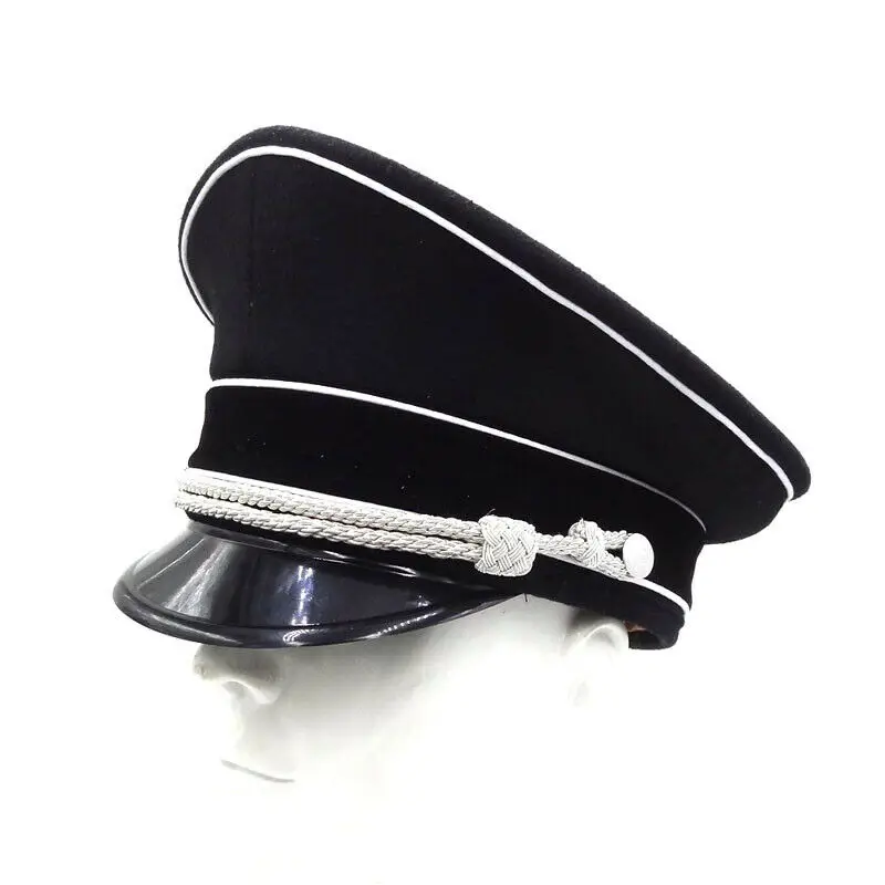 WW2 German Elite Officer Visor Hat Cap Black & Chin Pipe silver Cord ...
