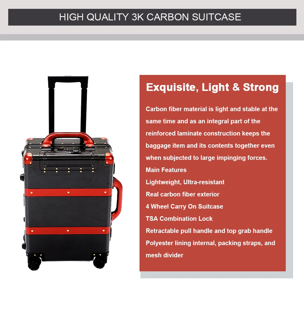 2021 Luxury Dry Carbon Fiber Suitcase Luggage Trolley Bags for Travel 20'' with 4 Wheels Medium-sized 24''