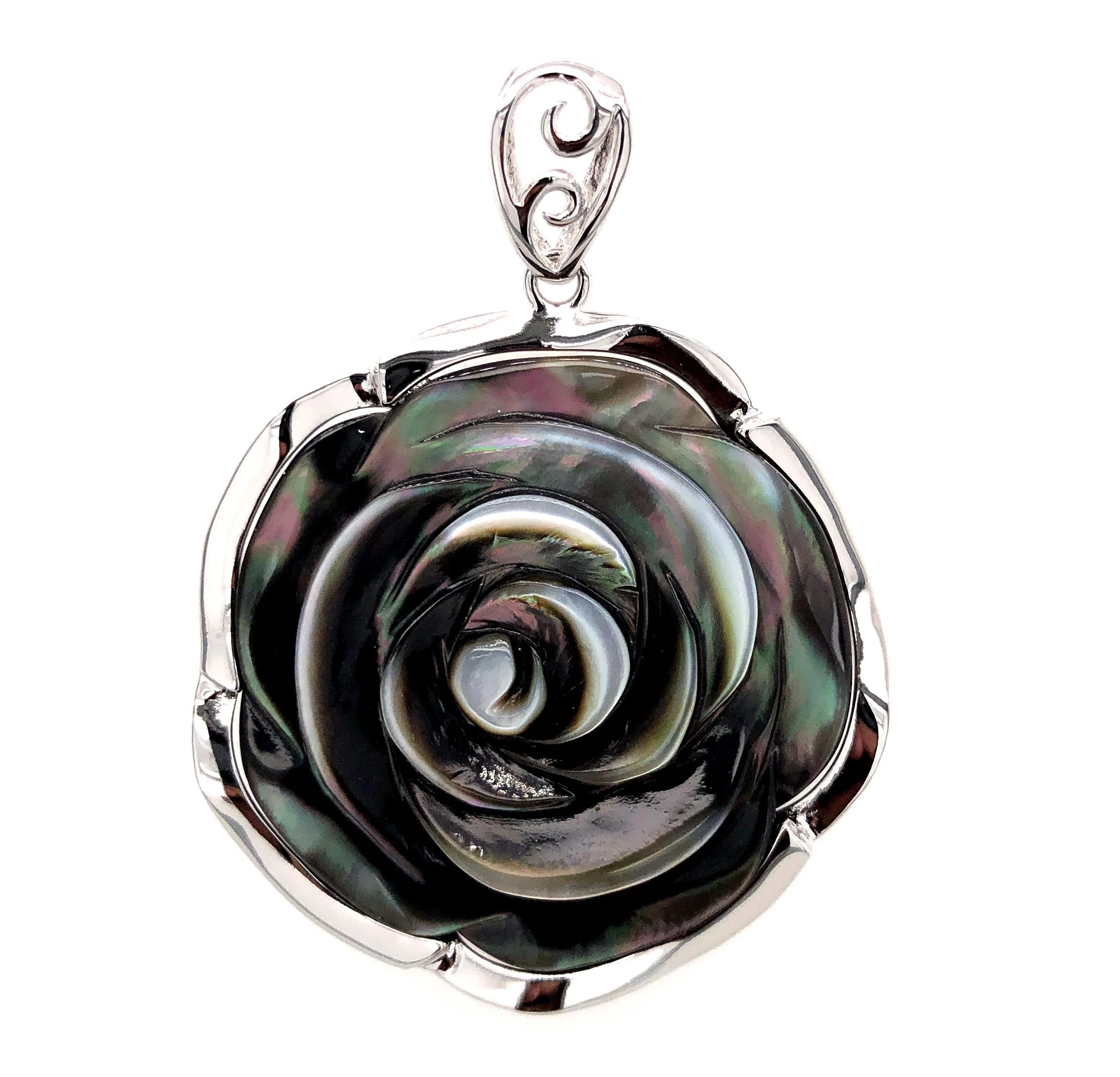 Black Mother of Pearl Rhodium Plate 925 Sterling Silver Pendant Rose Carving CZ