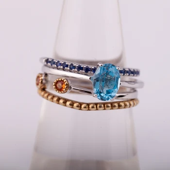 Stackable ring comes with 4 pieces silver 925 with natural blue topaz and orange sapphire and factory price