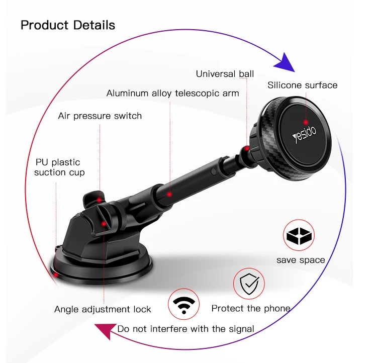C67 Yesido Angle Adjustable Telescopic Long Arm Mobile Phone Car Holder Universal Magnetic Car Mount Phone