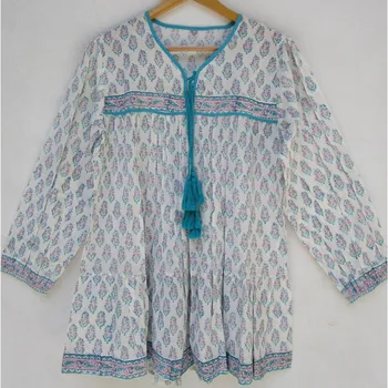 block printed cotton long sleeve v neck boho blouses and top for women