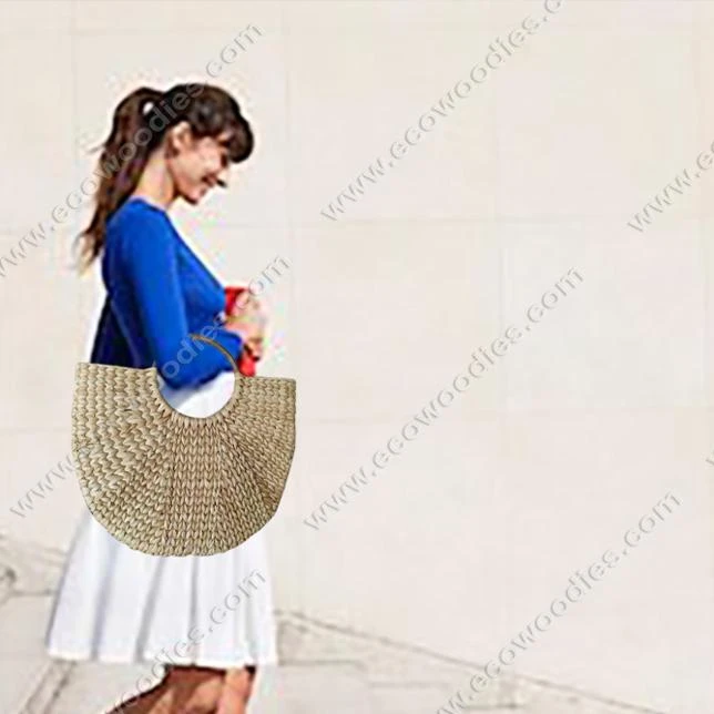 Modern Spacious Bamboo Rattan Sea Grass Handbag Hobo Mini Ring Tote Handle  Retro Summer Beach Straw Bag Basket