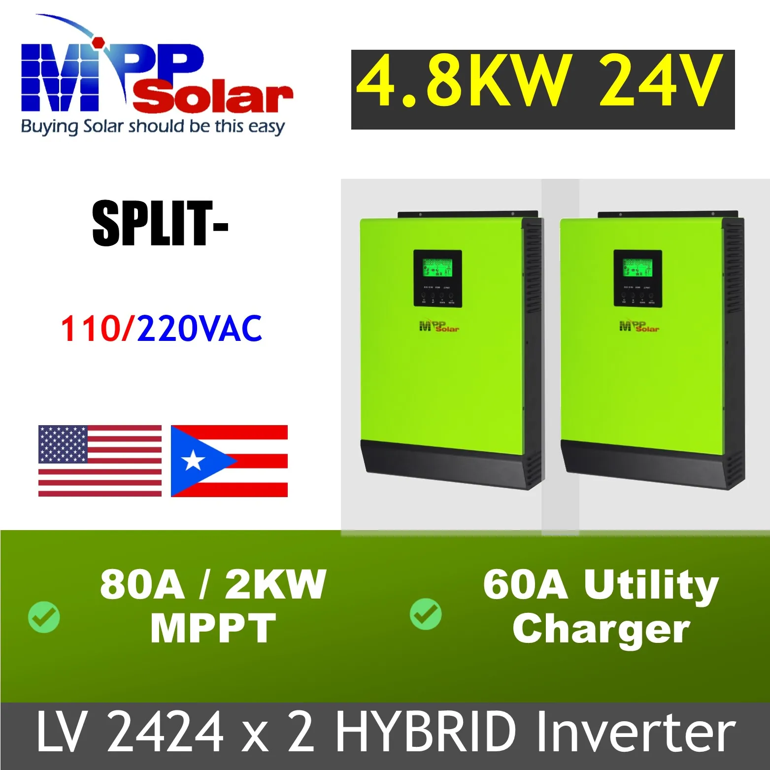 Source 4800w 120v 240v split phase mppsolar pure sine wave solar inverter  160A MPPT solar charger 120A AC charger Hybrid LV2424 x 2 on m.alibaba.com