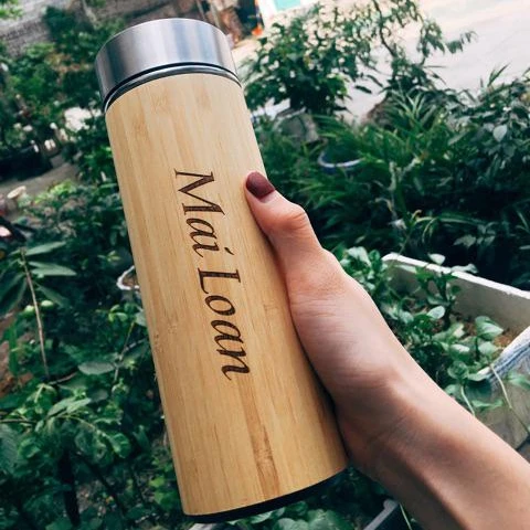 UPFLICK Personalized Custom Name Bamboo Thermos Water Bottle