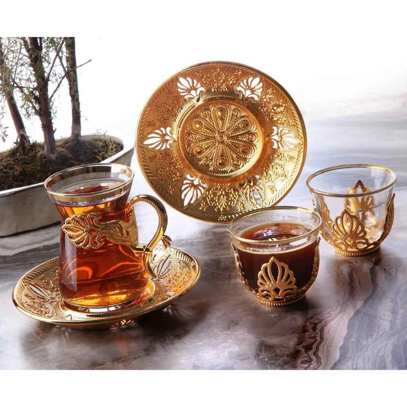 Turkish Arabic Tea Glass Set of 6, Gold, Tea Glasses and Sets