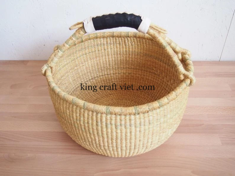 Rustic Natural Seagrass Bolga Basket Leather Wrapped Handle With Black