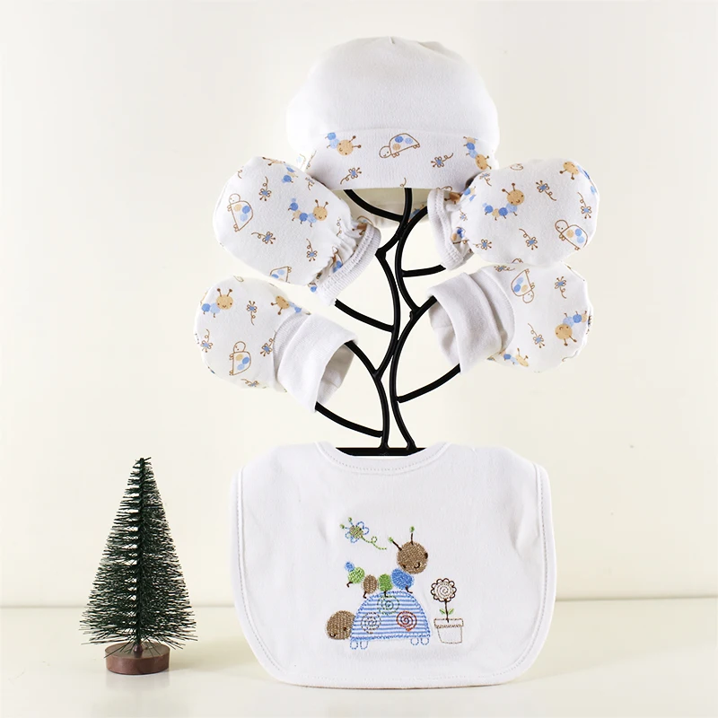 Фабричная продажа Высококачественная Милая Детская шапка нагрудник варежки и пинетки комплект для новорожденных девочек маленьких