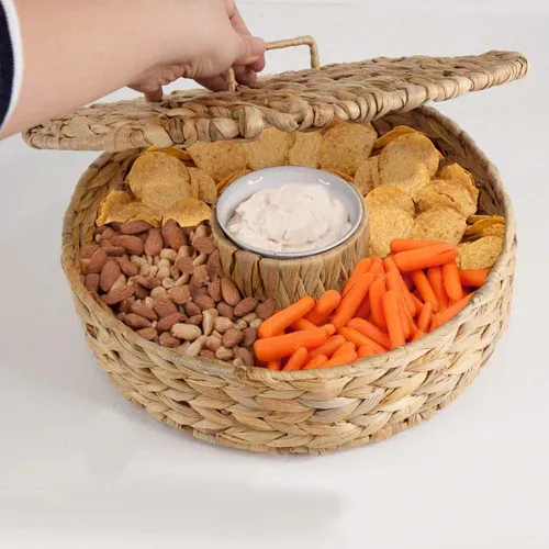 Elegant Water Hyacinth Woven Chip & Dip Serving Platter With Ceramic