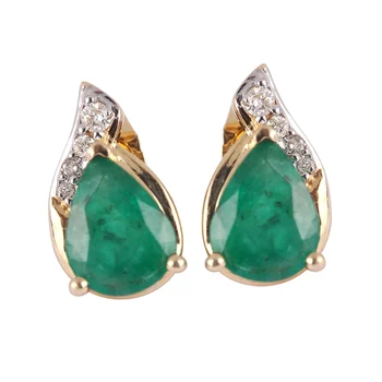 14k Yellow Gold Heavy Jewelry Natural Emerald Drop Stud Earrings Natural Diamond Emerald Stud Earrings Fine Jewelry Wholesaler